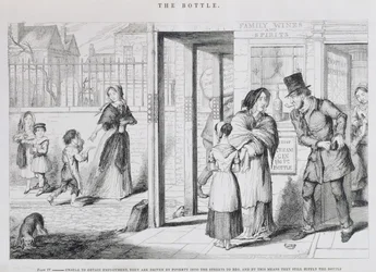 Die Flasche, Tafel IV, Unfähig, Arbeit zu finden, werden sie durch Armut gezwungen, auf der Straße zu betteln, und auf diese Weise füllen sie weiterhin die Flasche, 1847